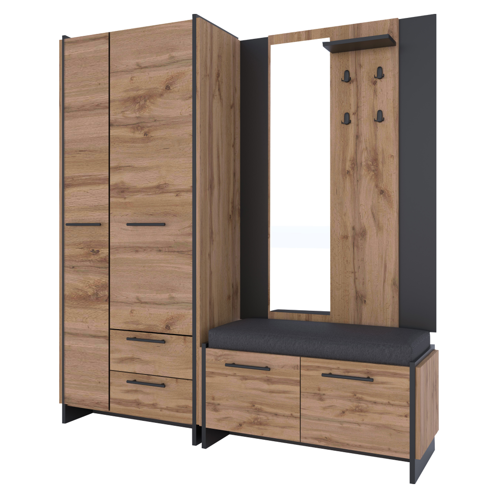 Věšákový panel se zrcadlem, dub wotan/černá, AMONI