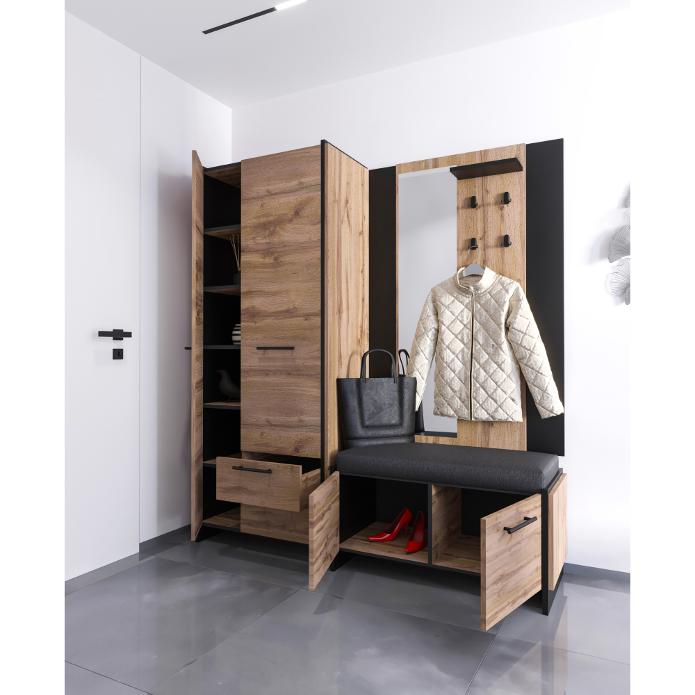 Věšákový panel se zrcadlem, dub wotan/černá, AMONI