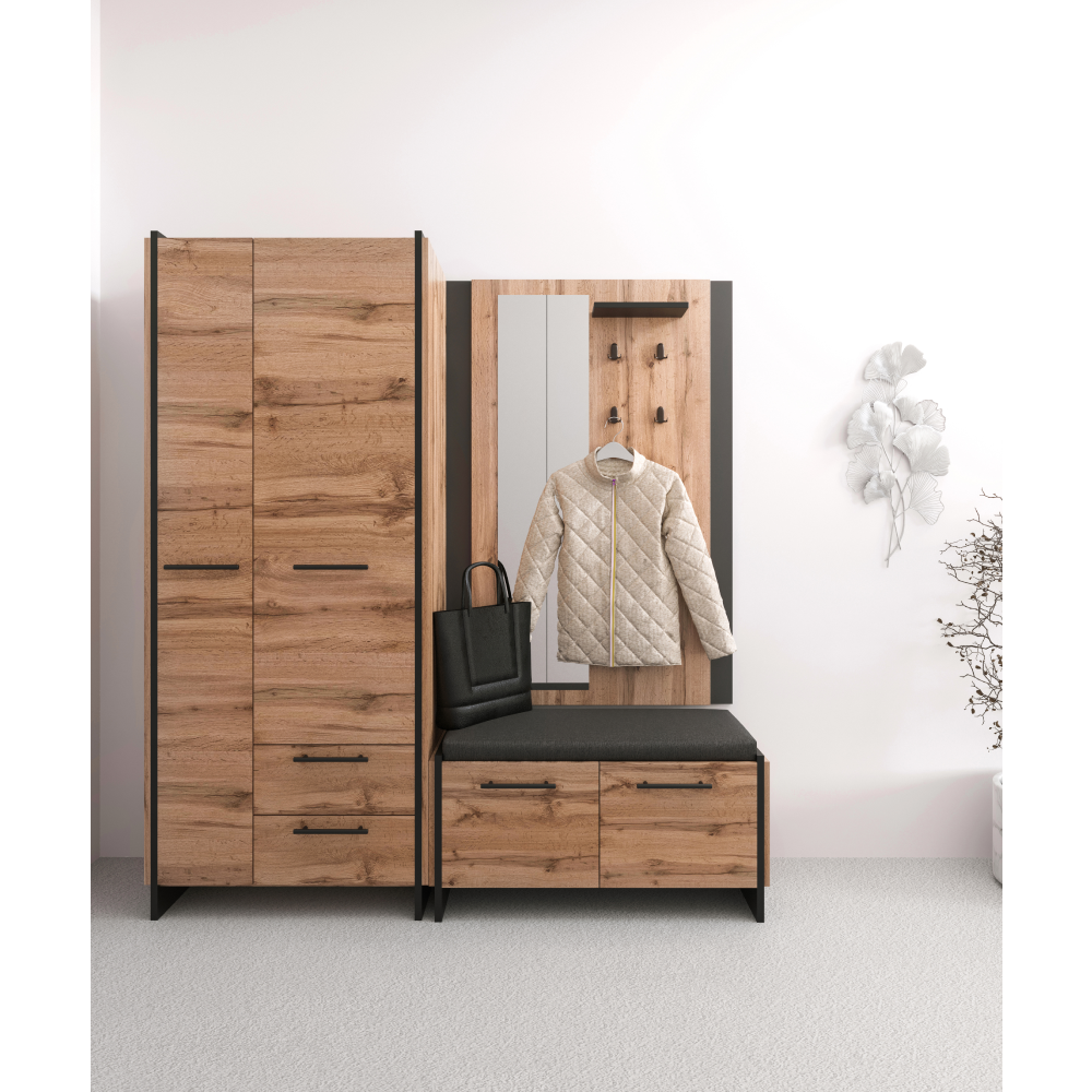 Věšákový panel se zrcadlem, dub wotan/černá, AMONI