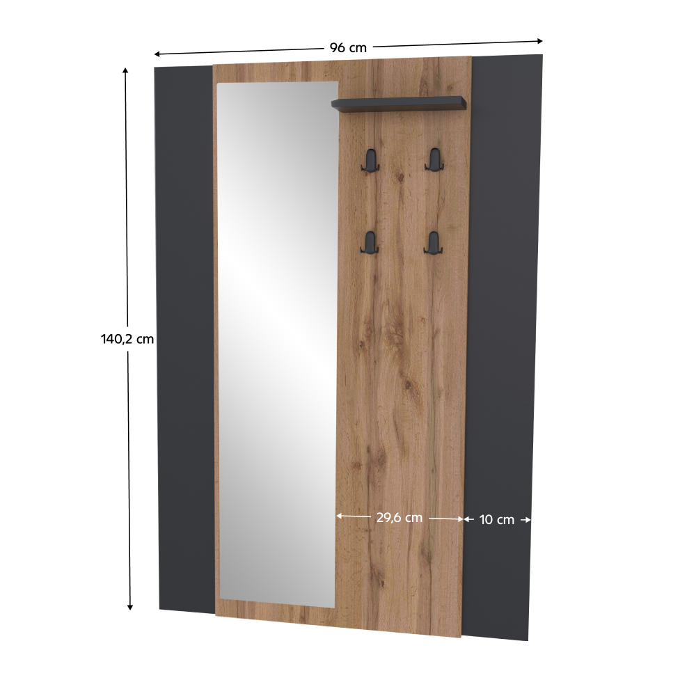 Věšákový panel se zrcadlem, dub wotan/černá, AMONI