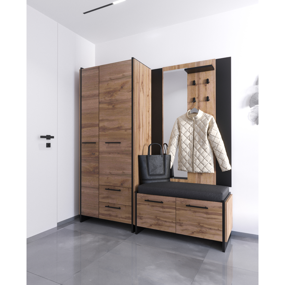 Věšákový panel se zrcadlem, dub wotan/černá, AMONI