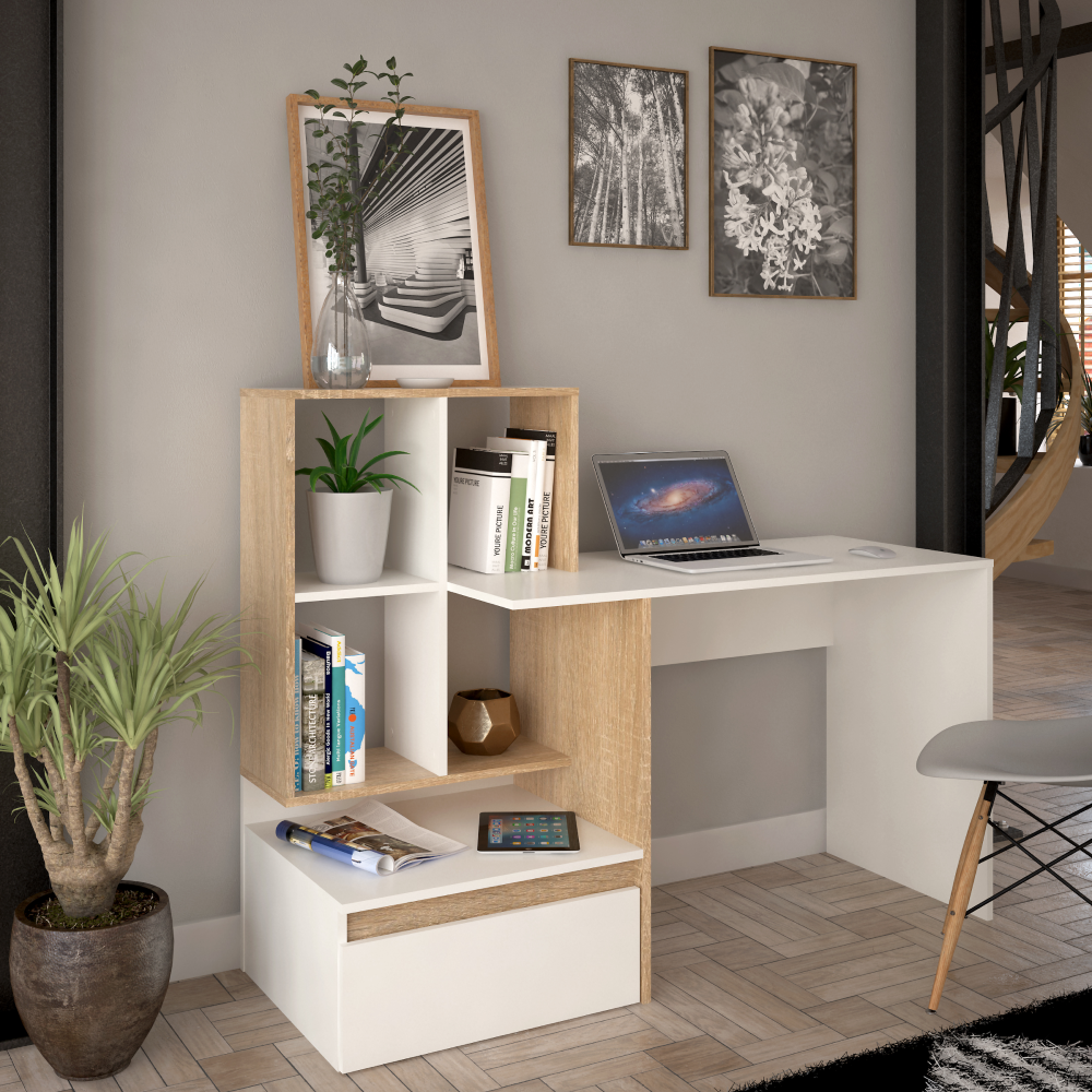 PC stůl, bílá/dub sonoma, EROSS NEW