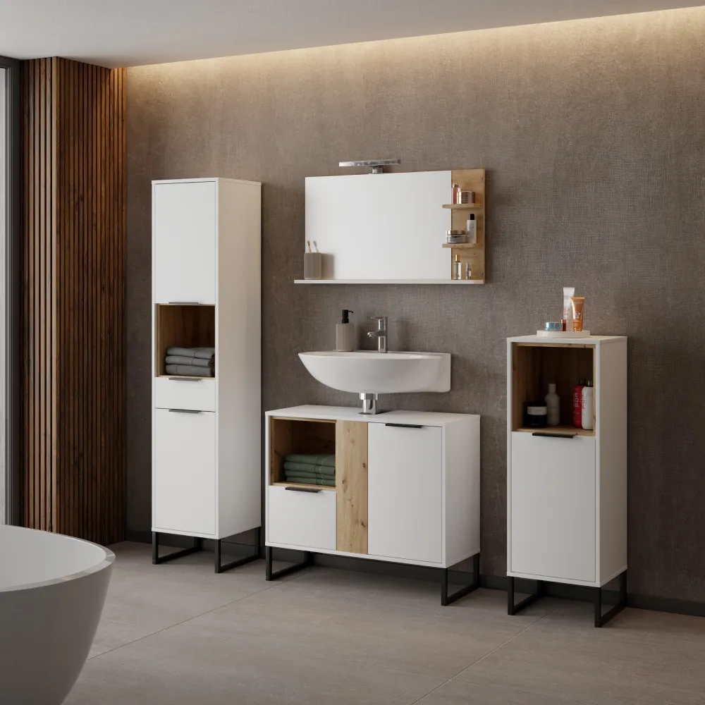 Zrcadlo s LED osvětlením, bílá/dub artisan, CUBO CUB04
