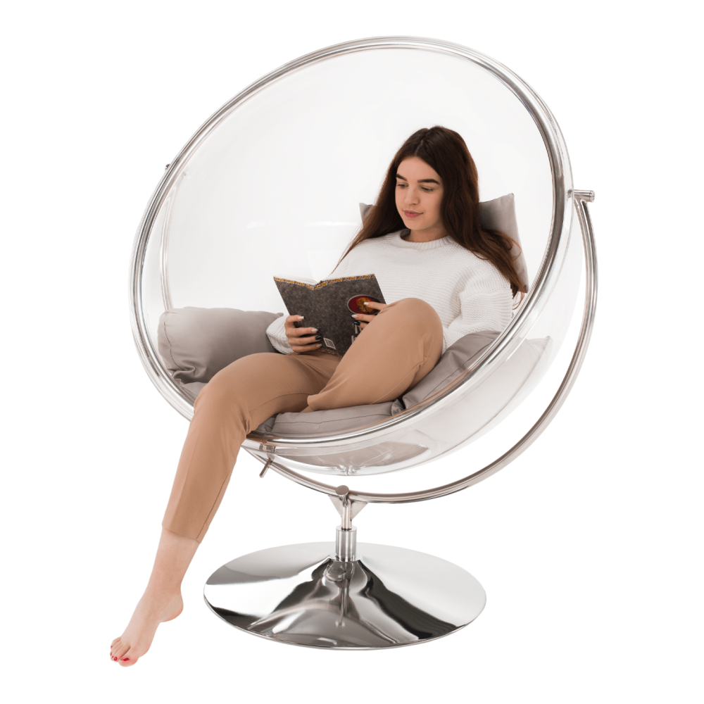 Závesné kreslo so stojanom, transparentná/strieborná/sivá, BUBBLE NEW TYP 2