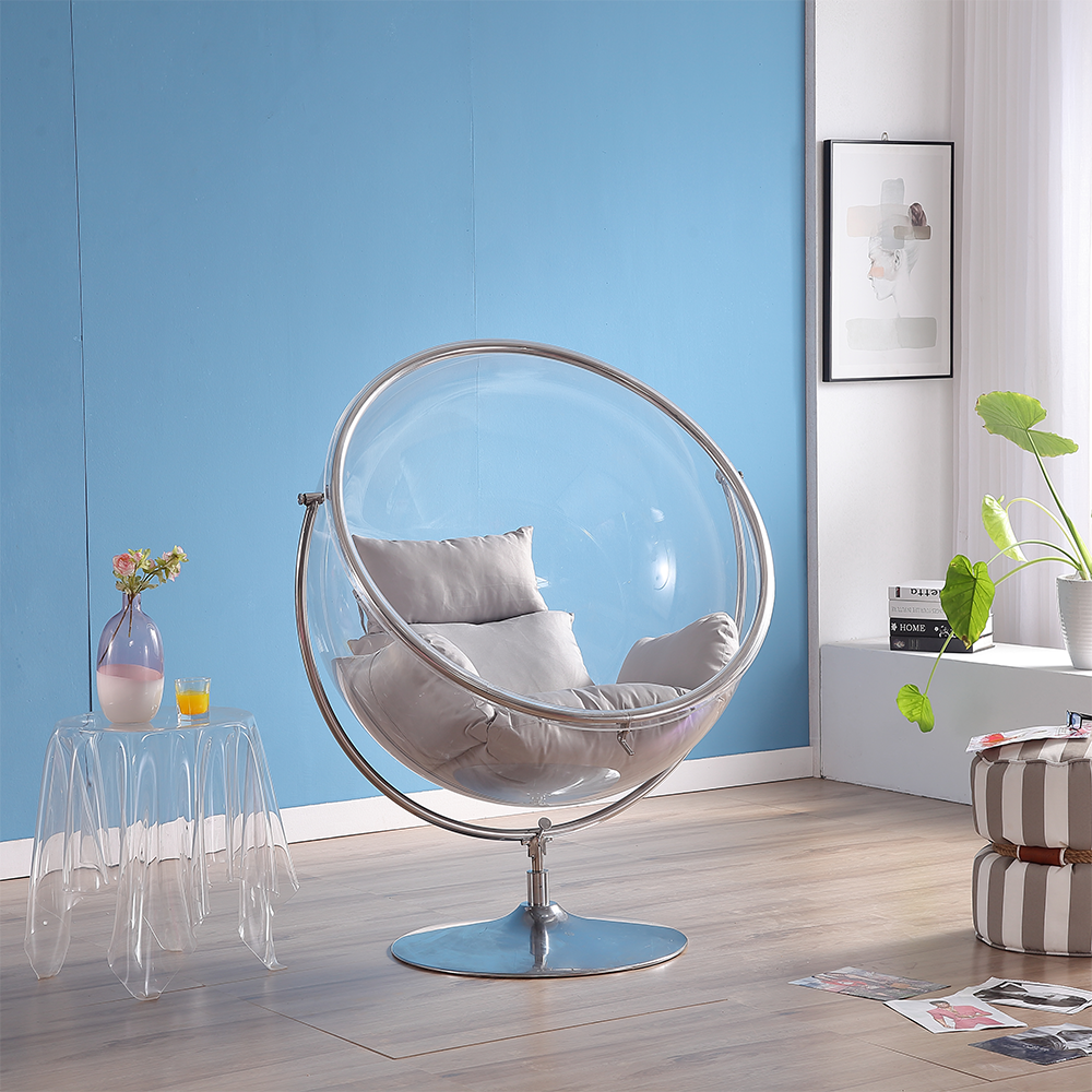 Závesné kreslo so stojanom, transparentná/strieborná/sivá, BUBBLE NEW TYP 2