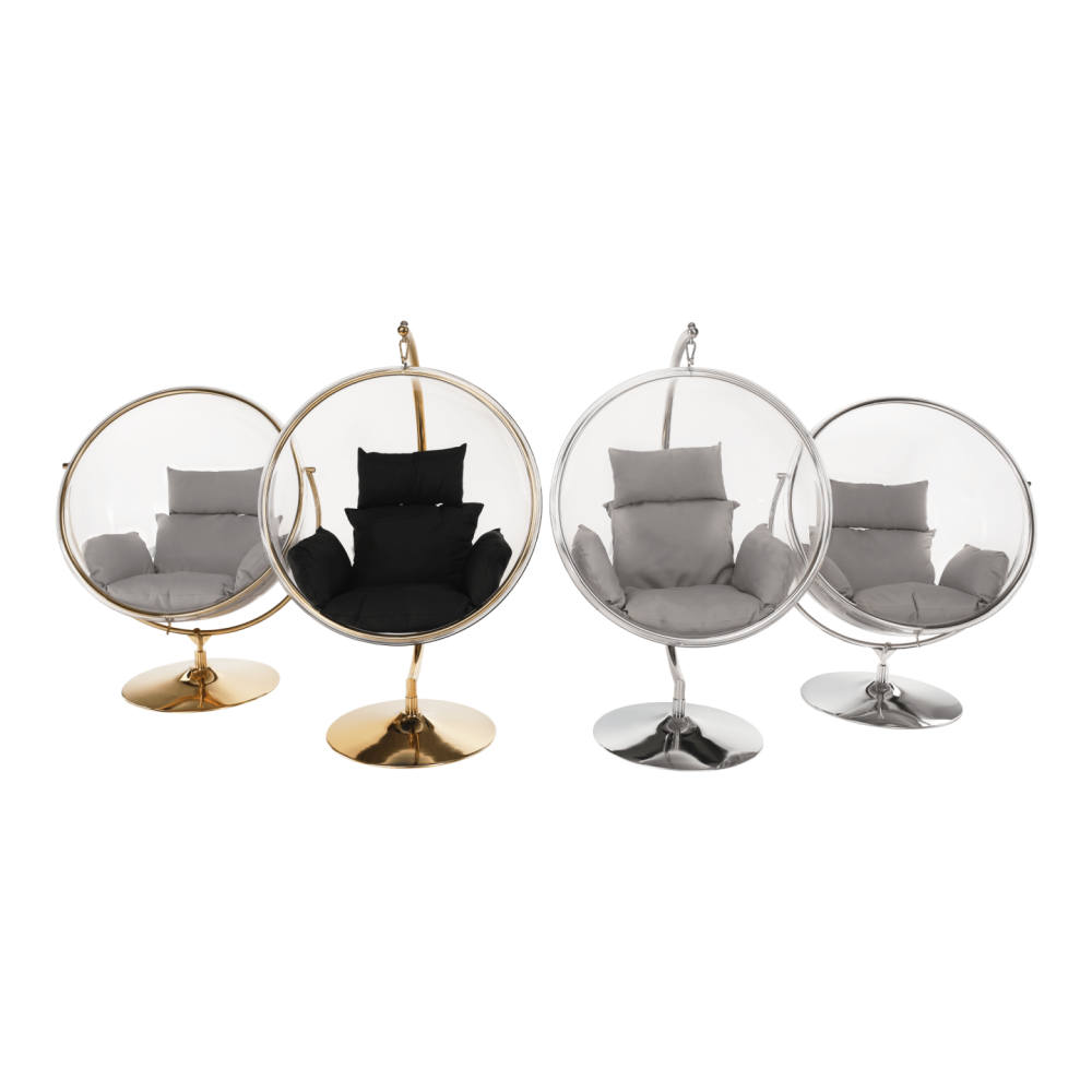 Závesné kreslo so stojanom, transparentná/strieborná/sivá, BUBBLE NEW TYP 2