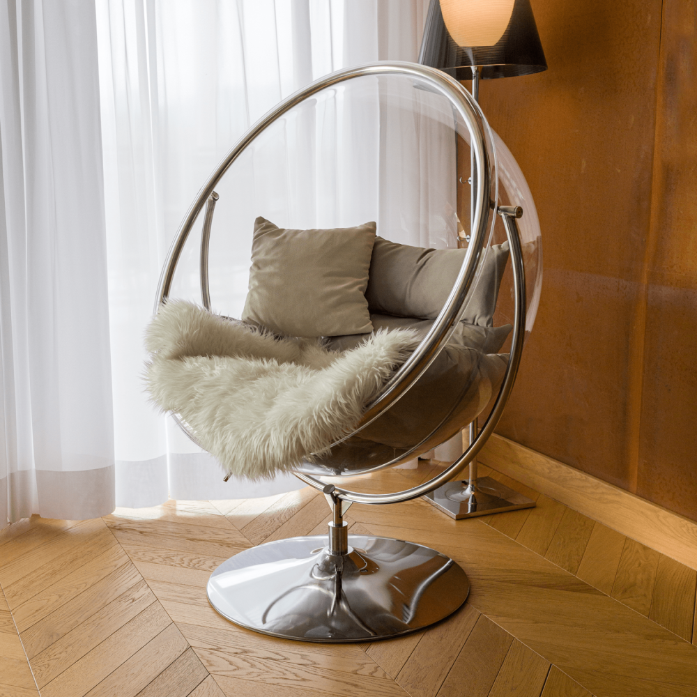 Závesné kreslo so stojanom, transparentná/strieborná/sivá, BUBBLE NEW TYP 2