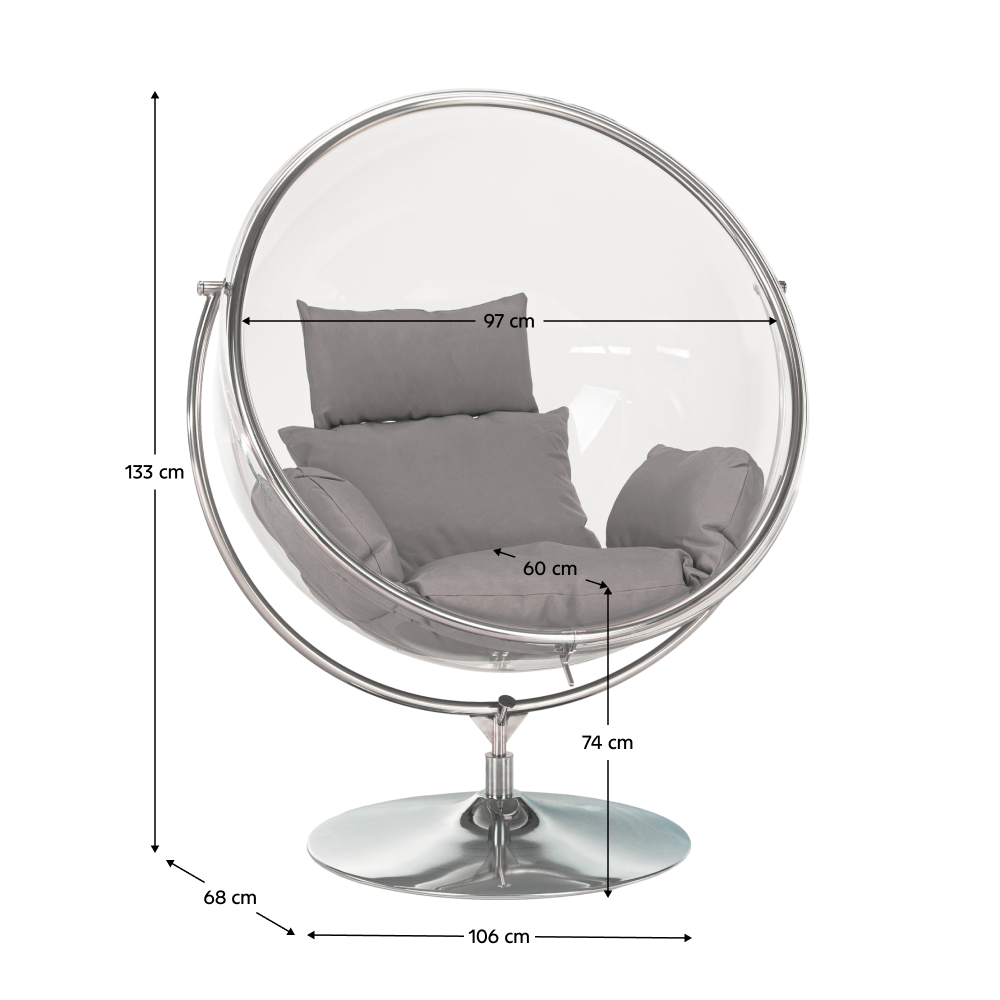 Závesné kreslo so stojanom, transparentná/strieborná/sivá, BUBBLE NEW TYP 2