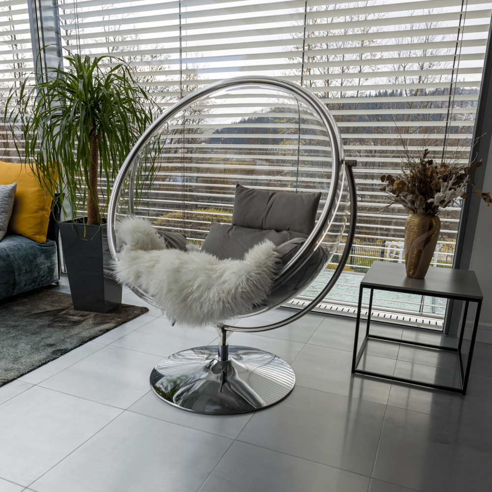 Závesné kreslo so stojanom, transparentná/strieborná/sivá, BUBBLE NEW TYP 2