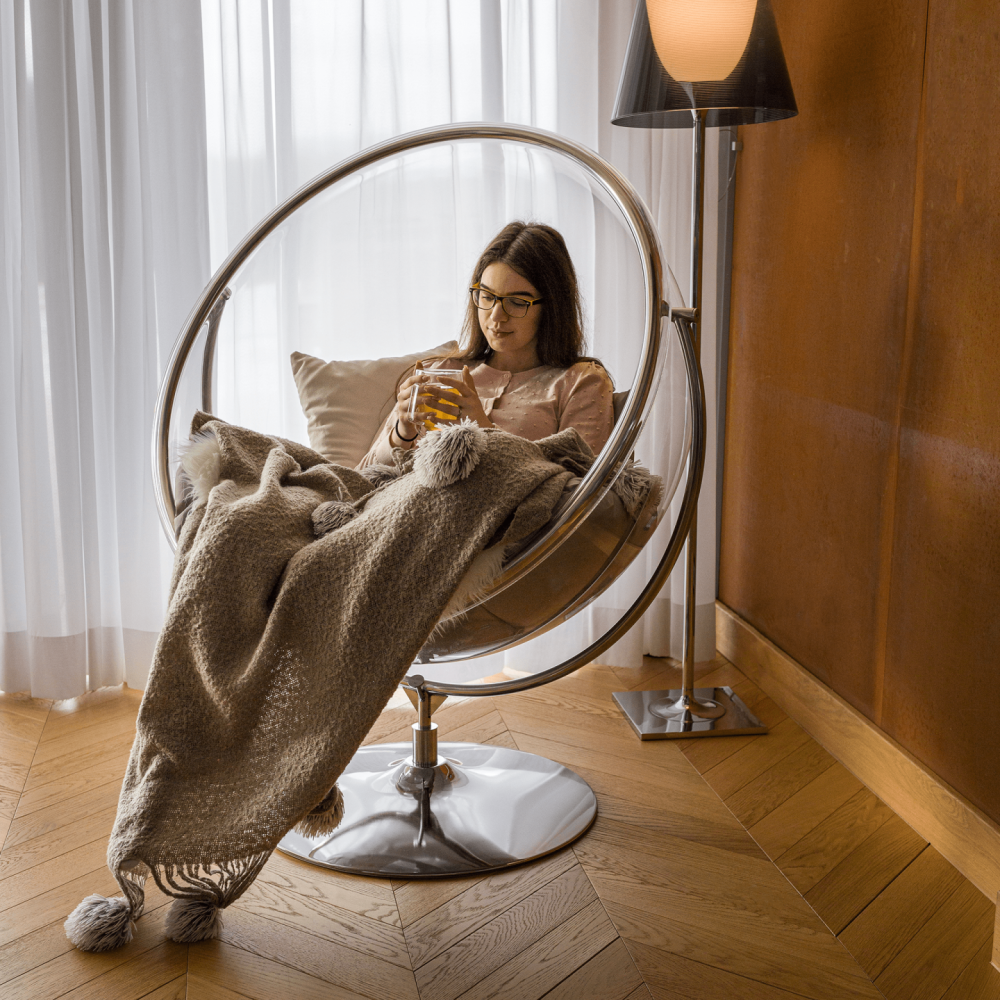 Závesné kreslo so stojanom, transparentná/strieborná/sivá, BUBBLE NEW TYP 2