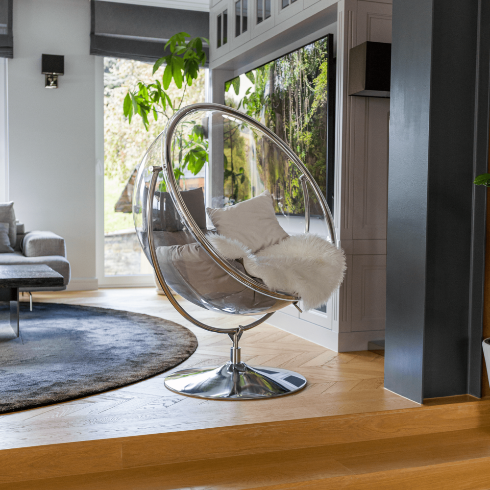 Závesné kreslo so stojanom, transparentná/strieborná/sivá, BUBBLE NEW TYP 2