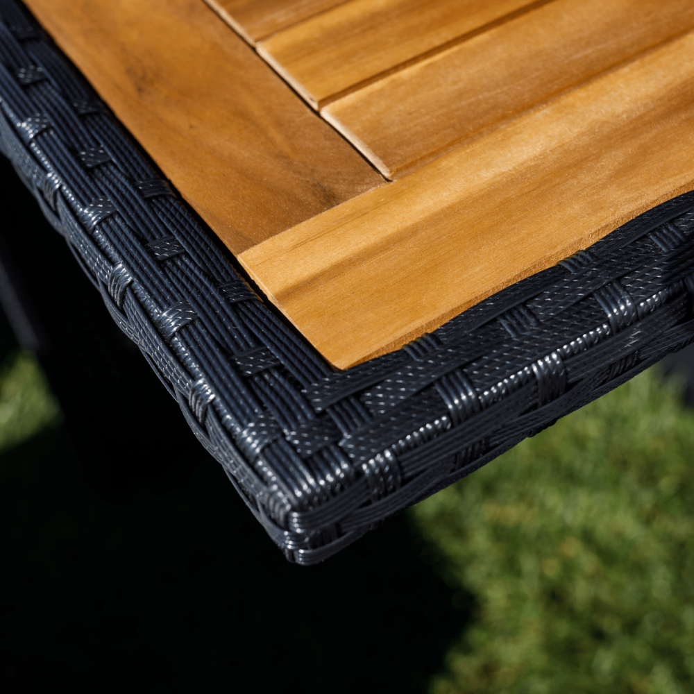 Zahradní ratanový set, akáciové dřevo, černá/krémová/přírodní, MELFORD