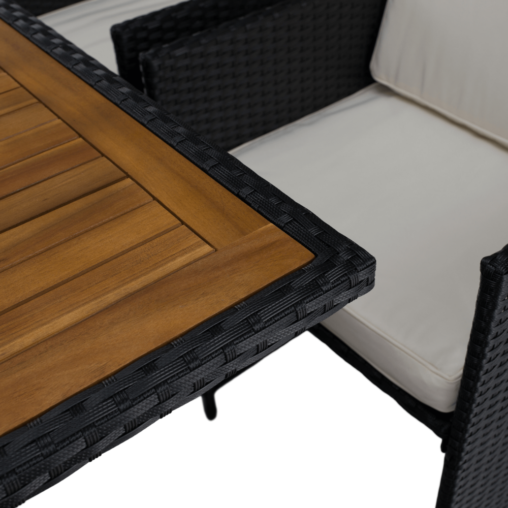 Zahradní ratanový set, akáciové dřevo, černá/krémová/přírodní, MELFORD