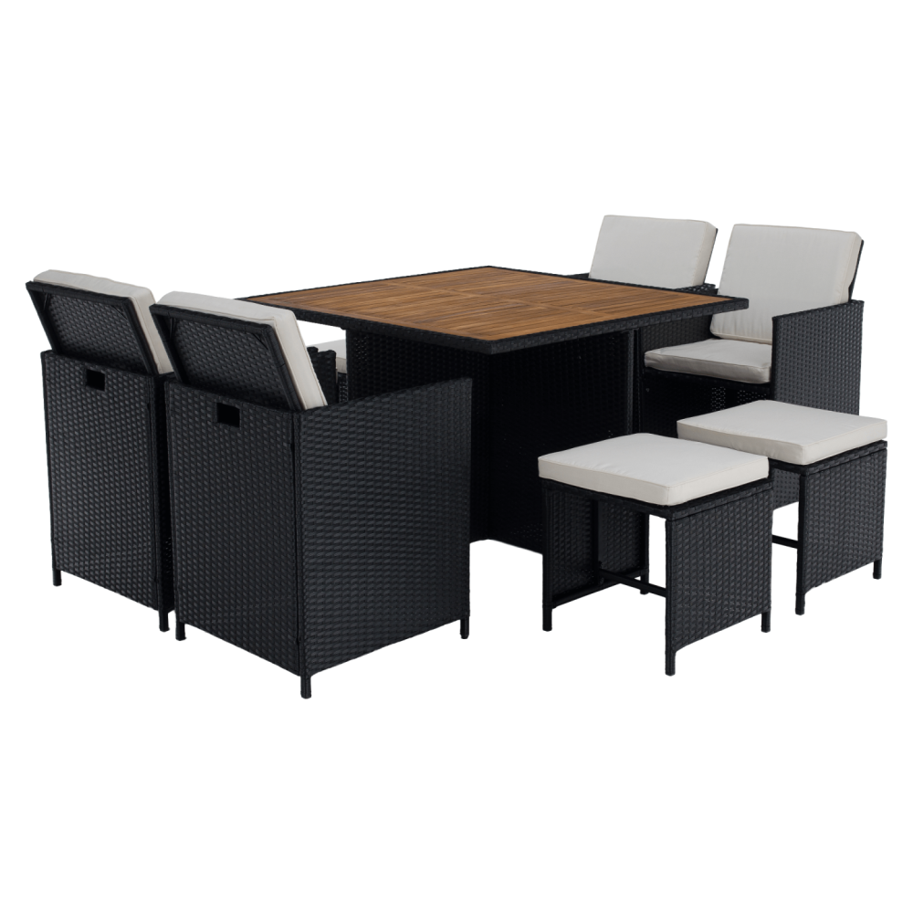 Zahradní ratanový set, akáciové dřevo, černá/krémová/přírodní, MELFORD