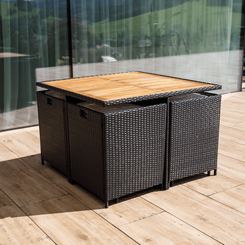 Zahradní ratanový set, akáciové dřevo, černá/krémová/přírodní, MELFORD