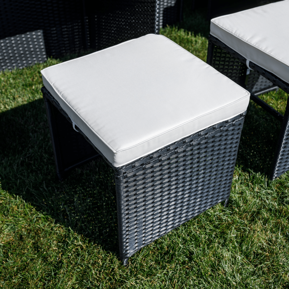 Zahradní ratanový set, akáciové dřevo, černá/krémová/přírodní, MELFORD