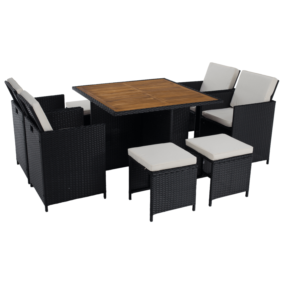 Zahradní ratanový set, akáciové dřevo, černá/krémová/přírodní, MELFORD