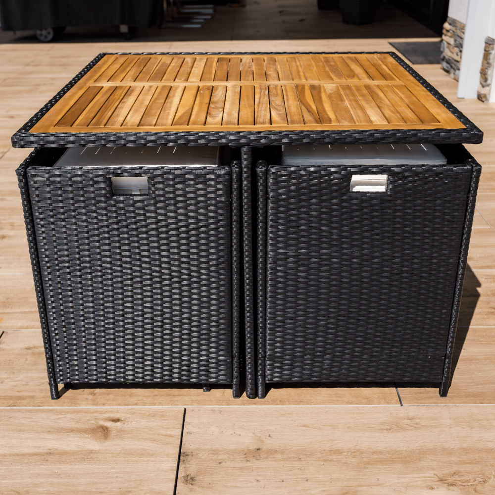 Zahradní ratanový set, akáciové dřevo, černá/krémová/přírodní, MELFORD