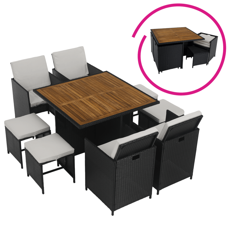 Zahradní ratanový set, akáciové dřevo, černá/krémová/přírodní, MELFORD