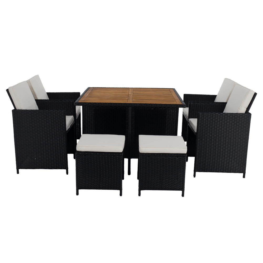 Zahradní ratanový set, akáciové dřevo, černá/krémová/přírodní, MELFORD