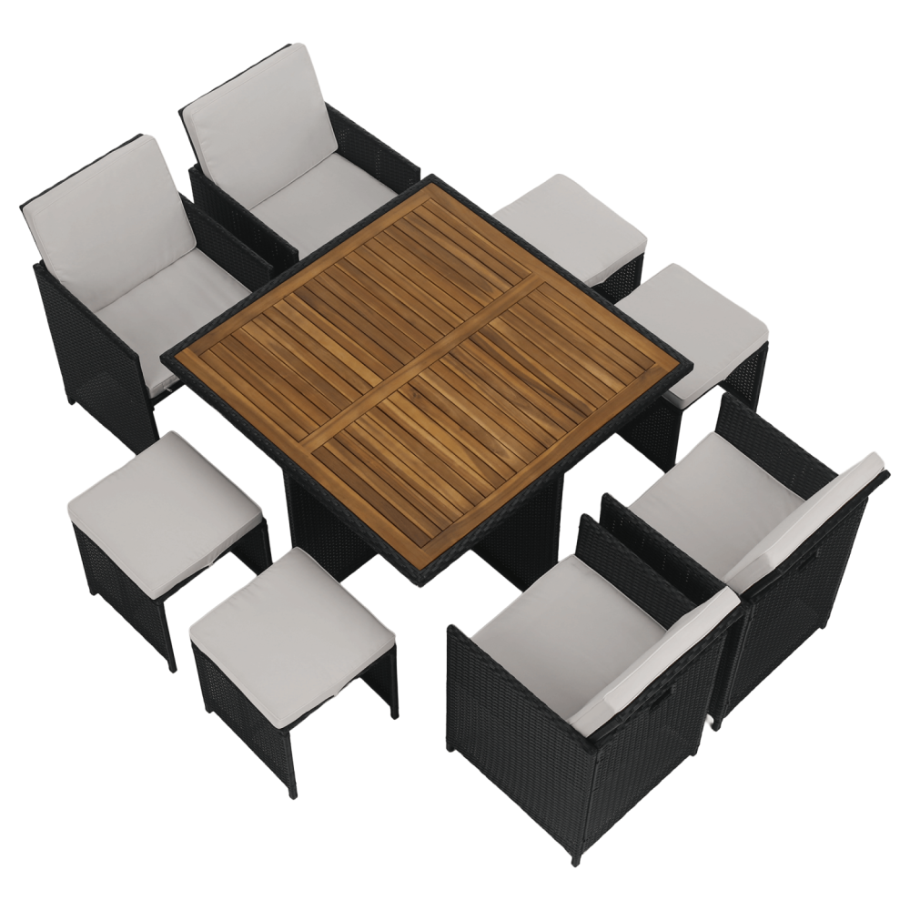 Zahradní ratanový set, akáciové dřevo, černá/krémová/přírodní, MELFORD