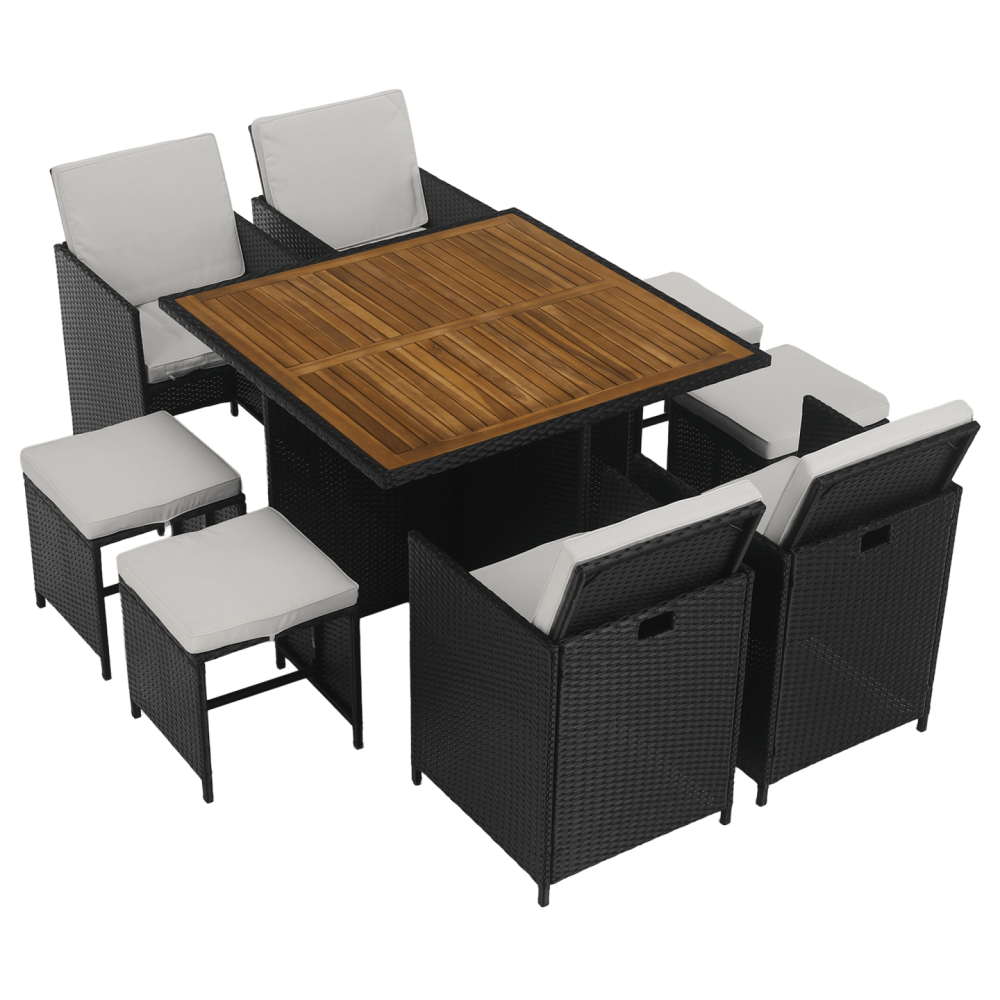 Zahradní ratanový set, akáciové dřevo, černá/krémová/přírodní, MELFORD