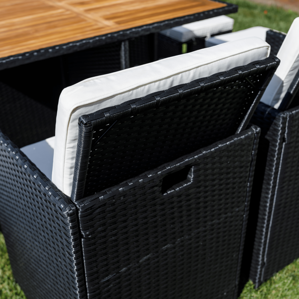 Zahradní ratanový set, akáciové dřevo, černá/krémová/přírodní, MELFORD