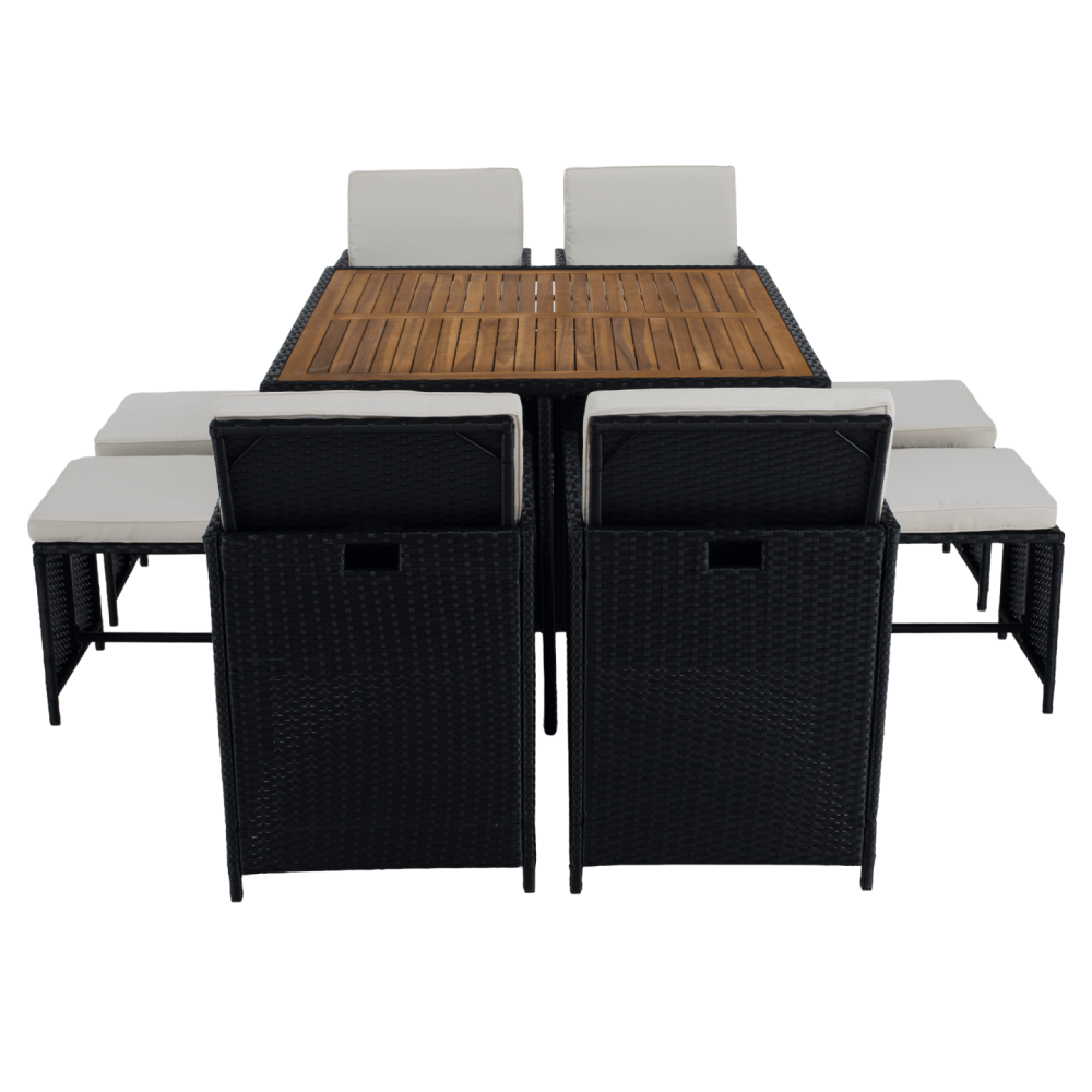 Zahradní ratanový set, akáciové dřevo, černá/krémová/přírodní, MELFORD