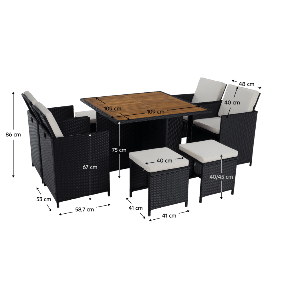 Zahradní ratanový set, akáciové dřevo, černá/krémová/přírodní, MELFORD