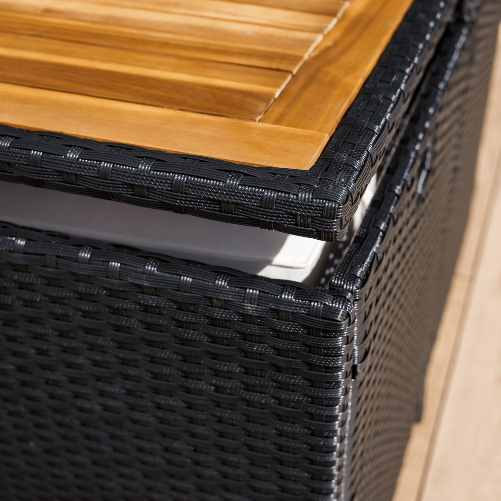 Zahradní ratanový set, akáciové dřevo, černá/krémová/přírodní, MELFORD