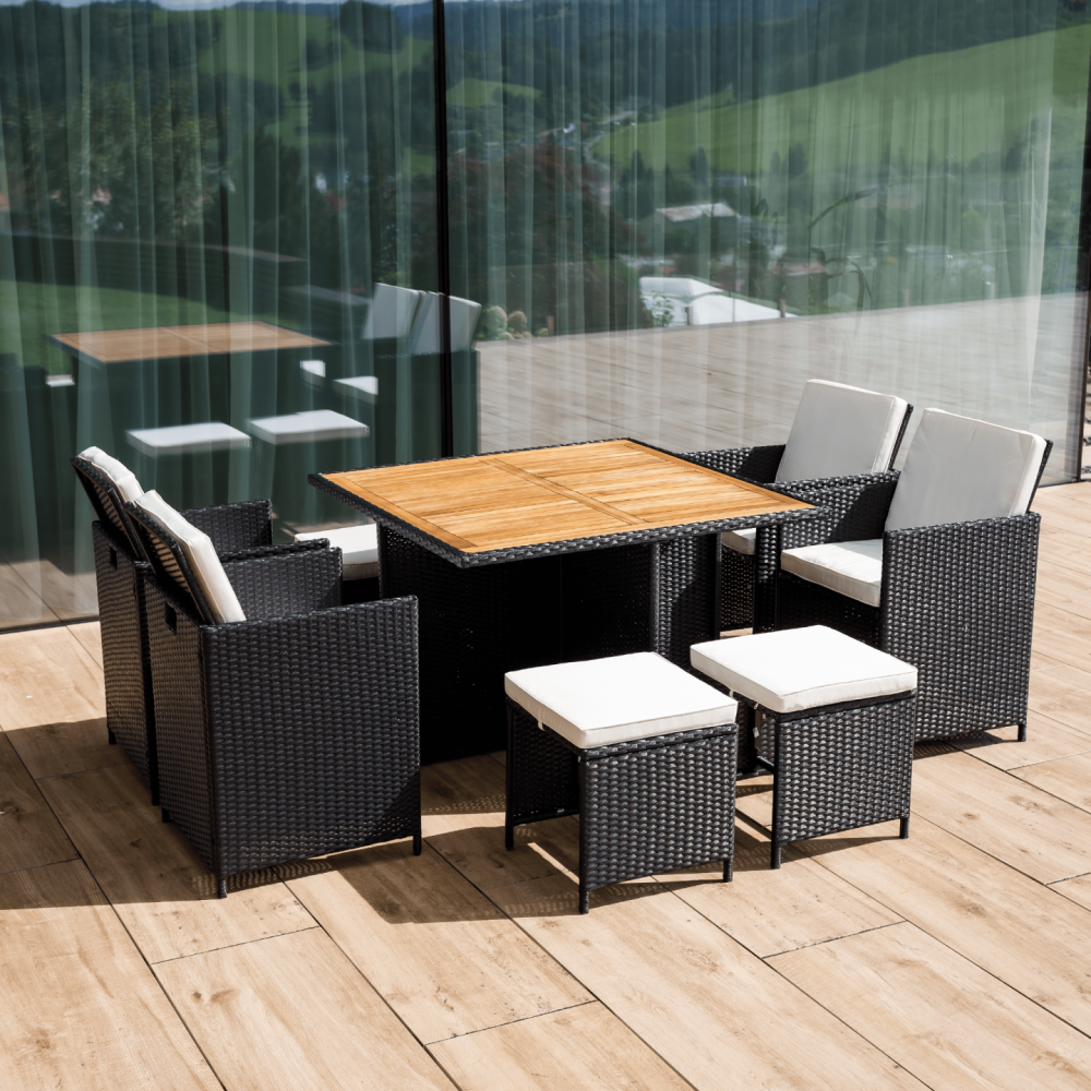 Zahradní ratanový set, akáciové dřevo, černá/krémová/přírodní, MELFORD