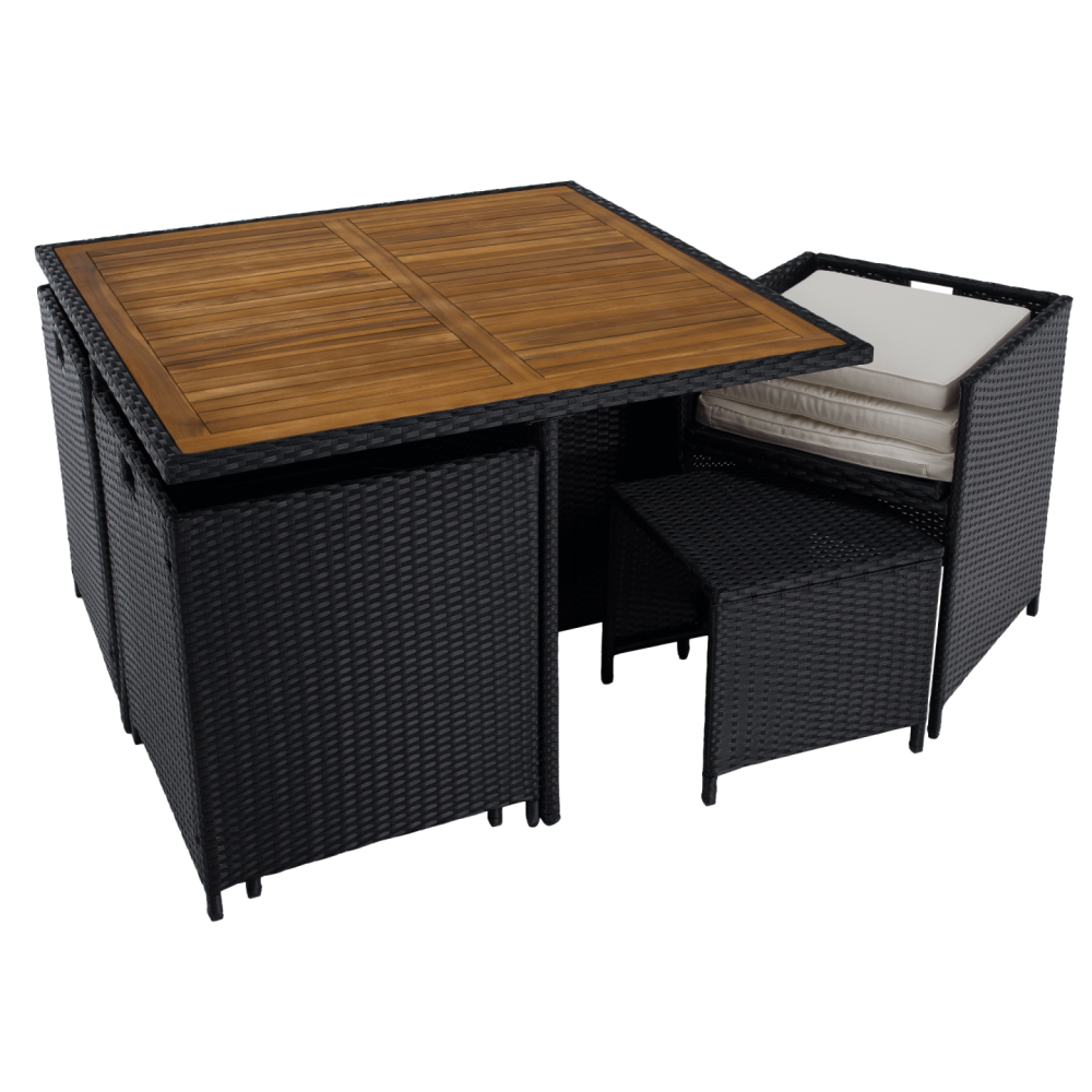 Zahradní ratanový set, akáciové dřevo, černá/krémová/přírodní, MELFORD