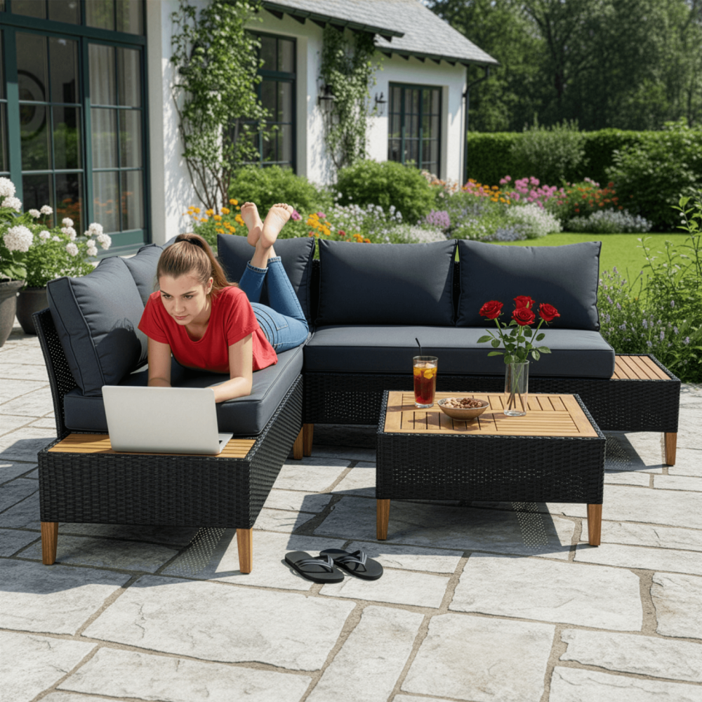 Zahradní ratanový set, akáciové dřevo, černá/šedá/přírodní, MALKOM