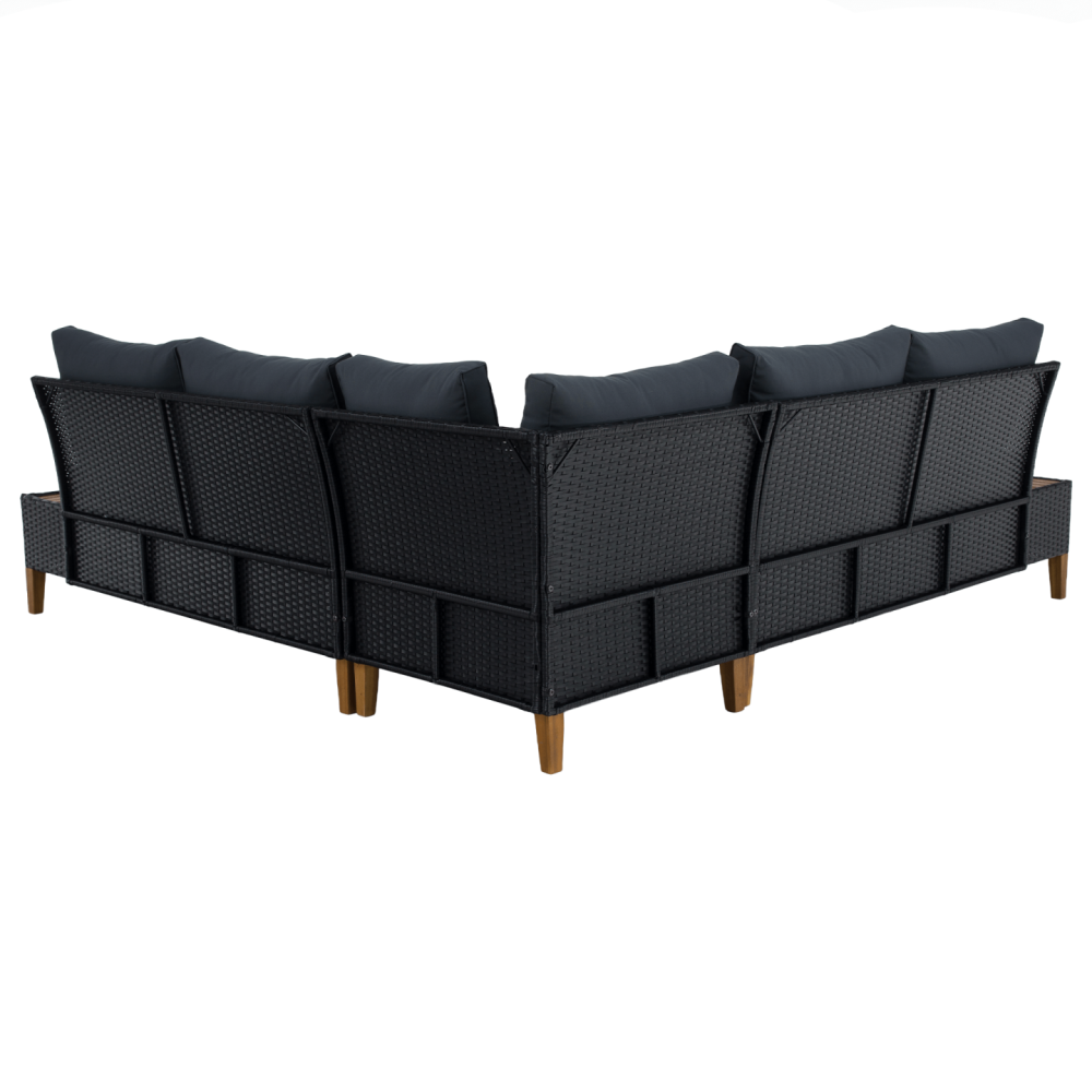 Zahradní ratanový set, akáciové dřevo, černá/šedá/přírodní, MALKOM