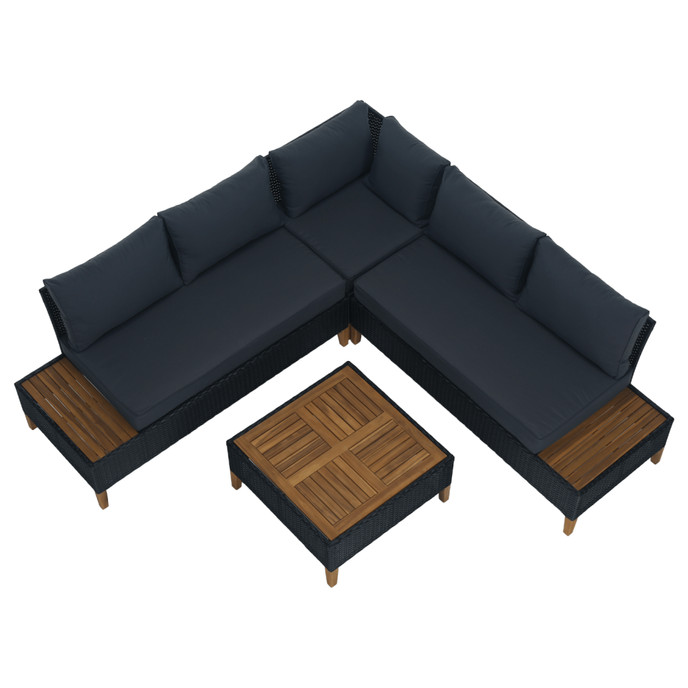 Zahradní ratanový set, akáciové dřevo, černá/šedá/přírodní, MALKOM