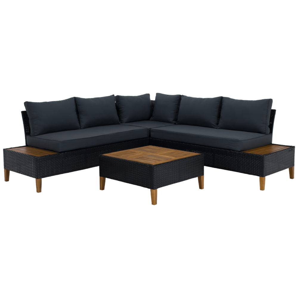 Zahradní ratanový set, akáciové dřevo, černá/šedá/přírodní, MALKOM