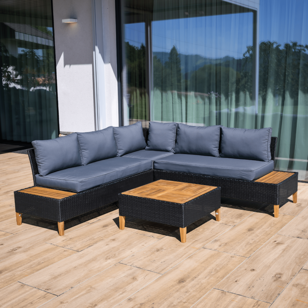 Zahradní ratanový set, akáciové dřevo, černá/šedá/přírodní, MALKOM