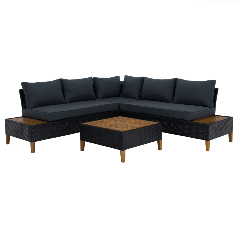 Zahradní ratanový set, akáciové dřevo, černá/šedá/přírodní, MALKOM