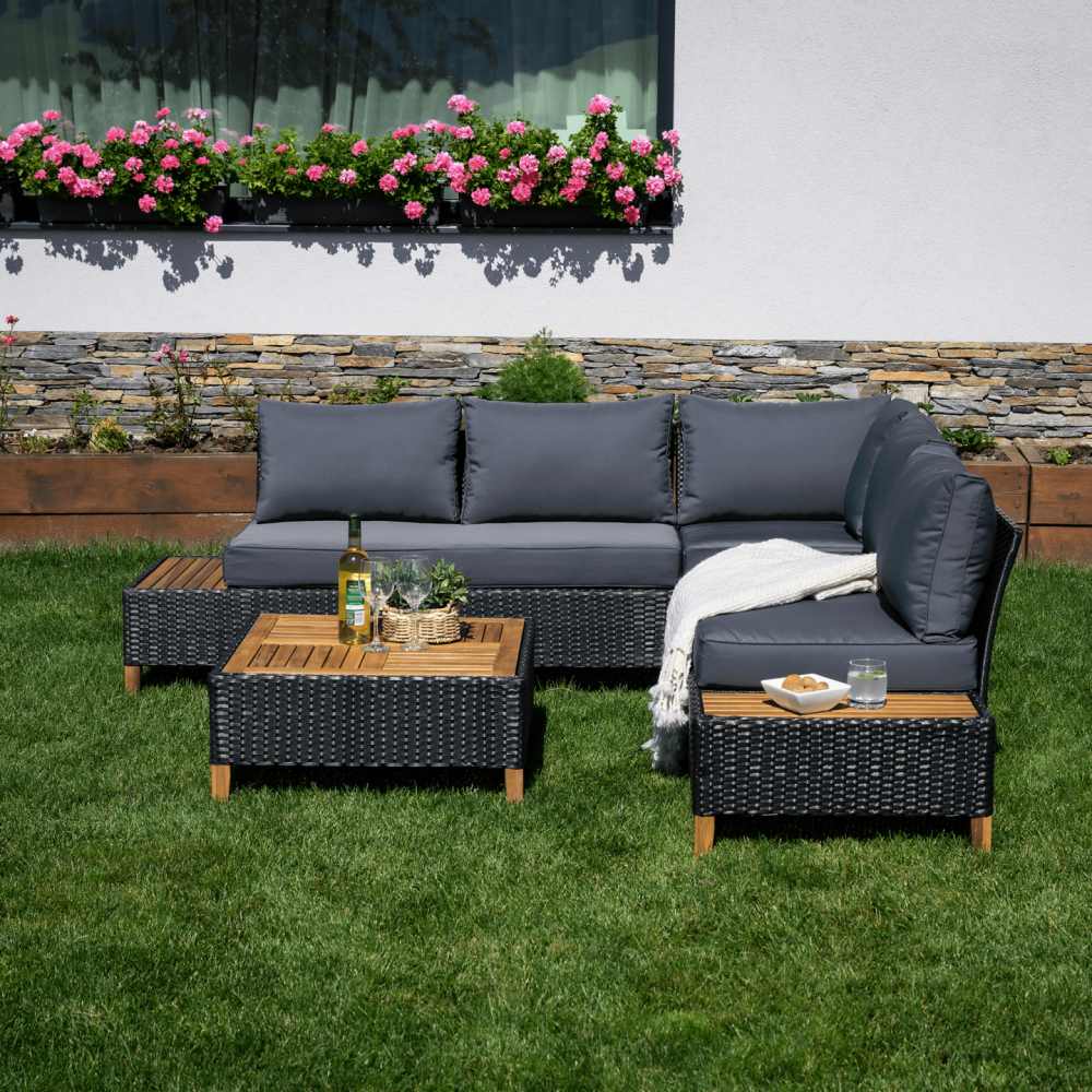 Zahradní ratanový set, akáciové dřevo, černá/šedá/přírodní, MALKOM