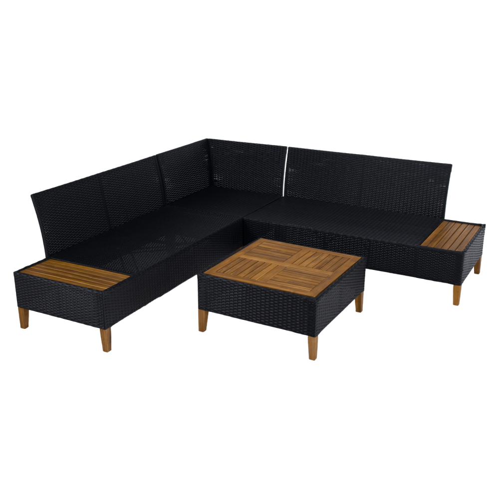 Zahradní ratanový set, akáciové dřevo, černá/šedá/přírodní, MALKOM