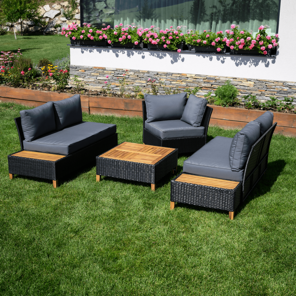 Zahradní ratanový set, akáciové dřevo, černá/šedá/přírodní, MALKOM