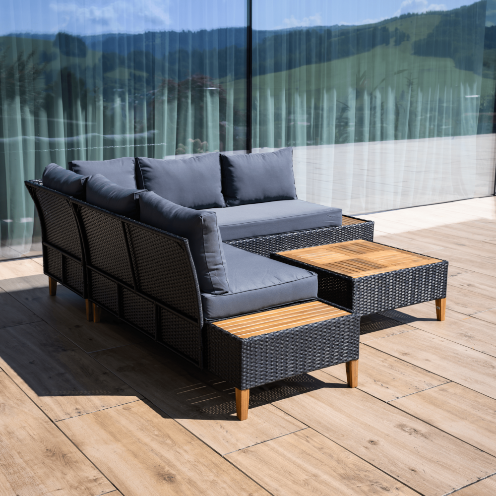 Zahradní ratanový set, akáciové dřevo, černá/šedá/přírodní, MALKOM