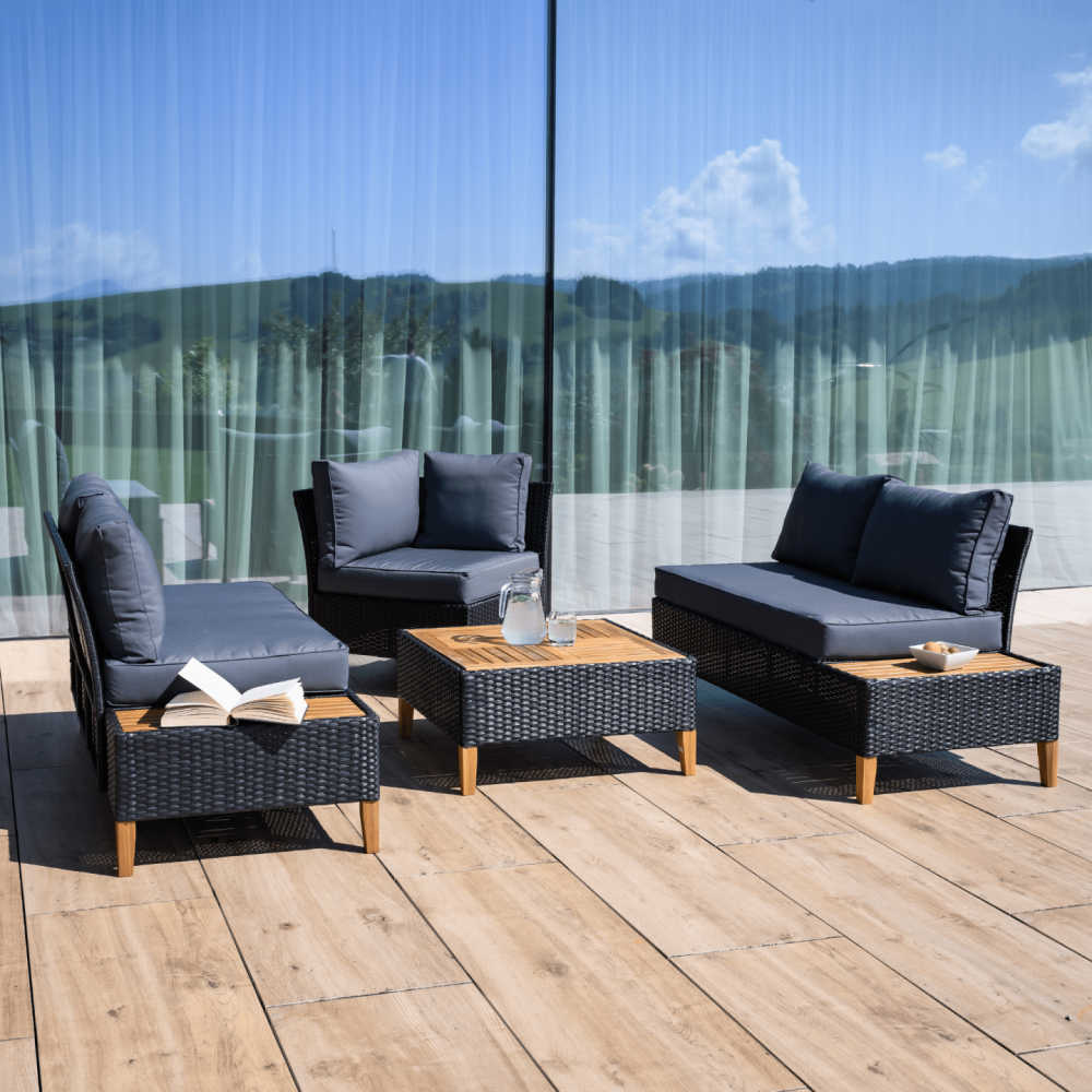 Zahradní ratanový set, akáciové dřevo, černá/šedá/přírodní, MALKOM