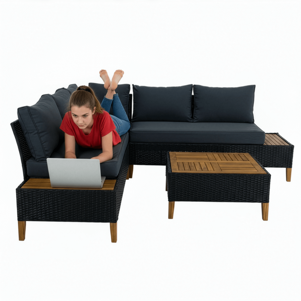 Zahradní ratanový set, akáciové dřevo, černá/šedá/přírodní, MALKOM