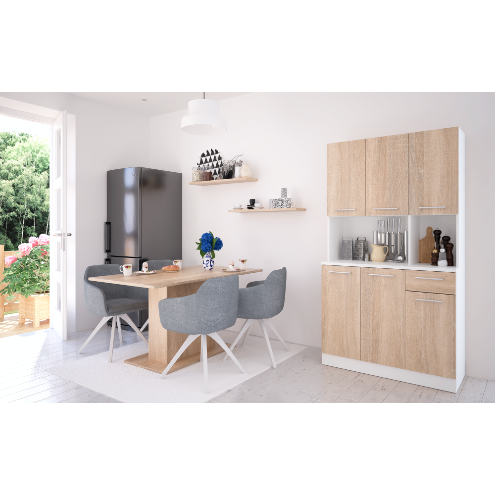 Šestidveřový kredenc, bílá/dub sonoma, PELION NEW