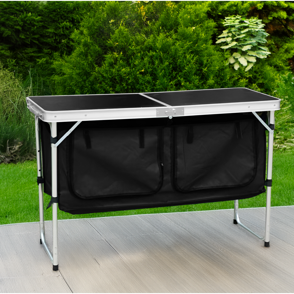 Skládací kempinkový stůl s organizérem, 120 cm, hliník/MDF, KEPI TYP 3