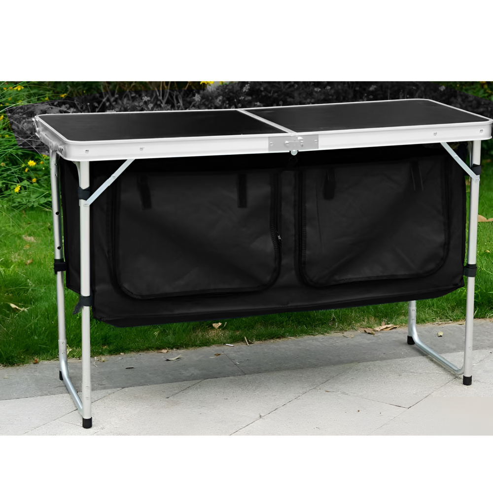 Skládací kempinkový stůl s organizérem, 120 cm, hliník/MDF, KEPI TYP 3