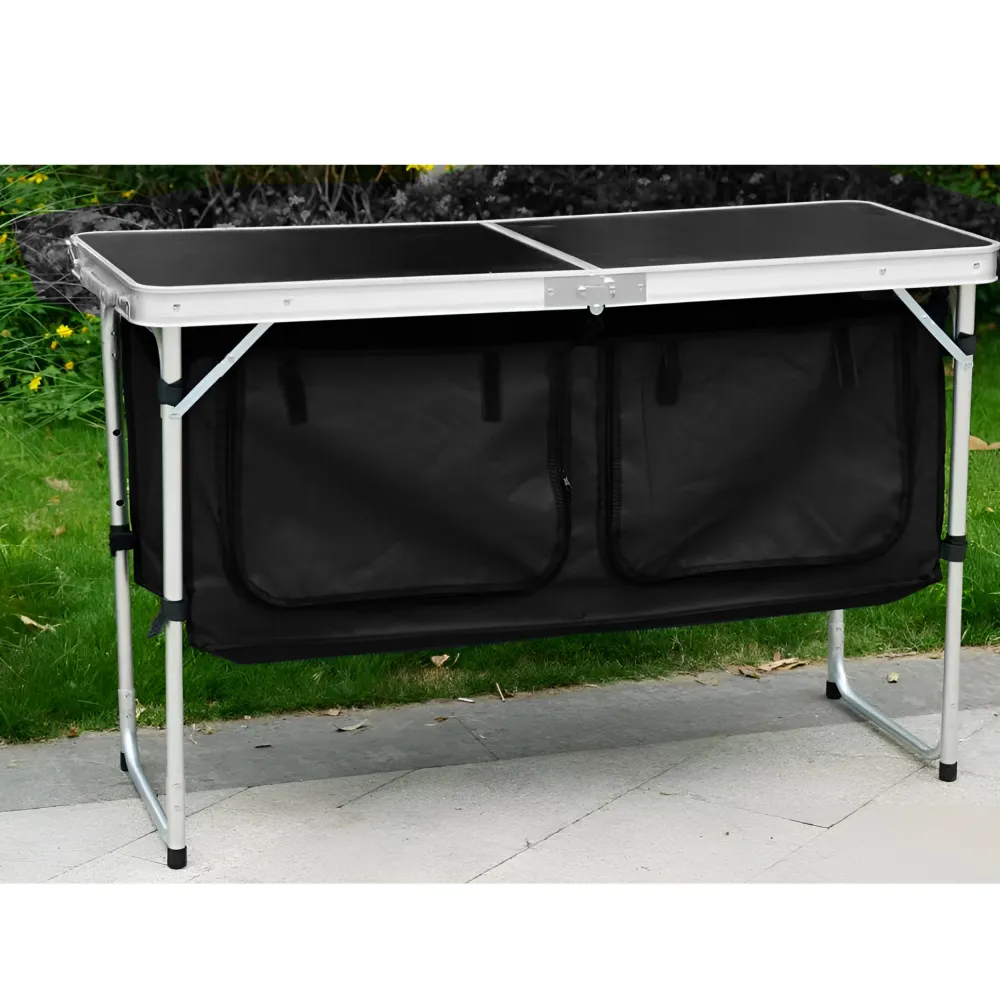 Skládací kempinkový stůl s organizérem, 120 cm, hliník/MDF, KEPI TYP 3
