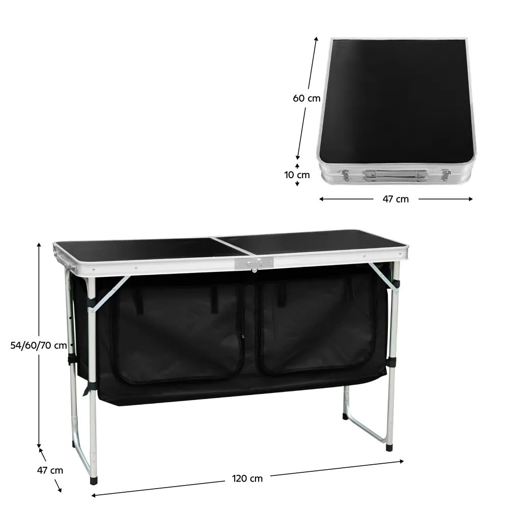 Skládací kempinkový stůl s organizérem, 120 cm, hliník/MDF, KEPI TYP 3