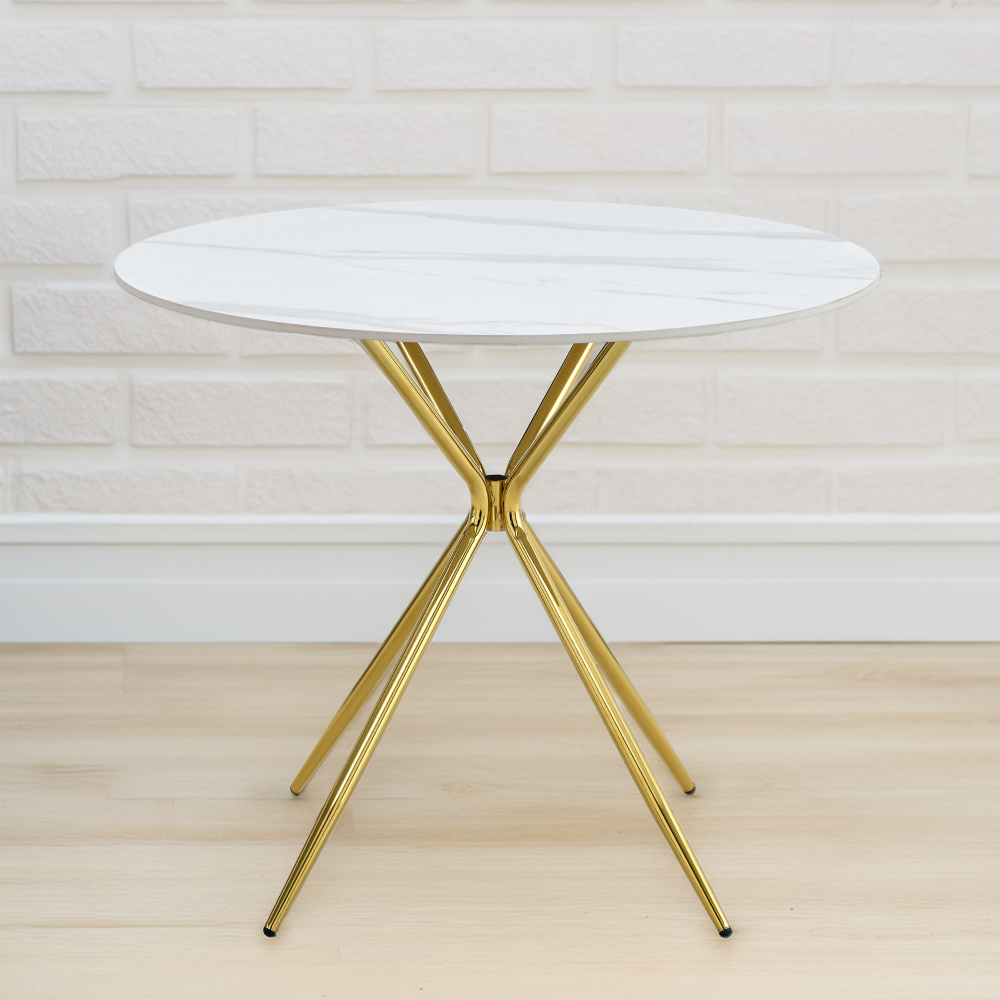 Jídelní stůl, bílý mramor/gold chrom zlatá, průměr 90 cm, MEKNER